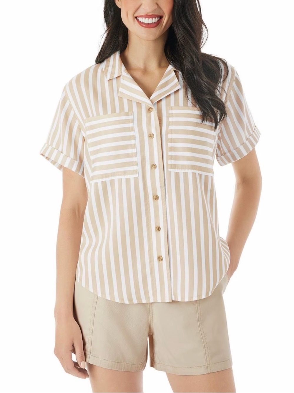 Member’s Mark Tencel Camp Shirt Large Cream White Striped Button Front-NWOT